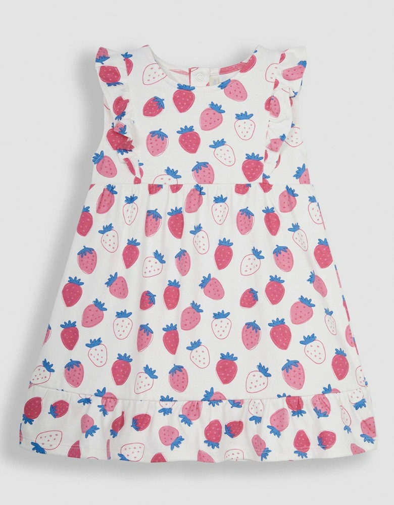 Girls Strawberry Frill Shoulder Pretty Summer Dress - Cream