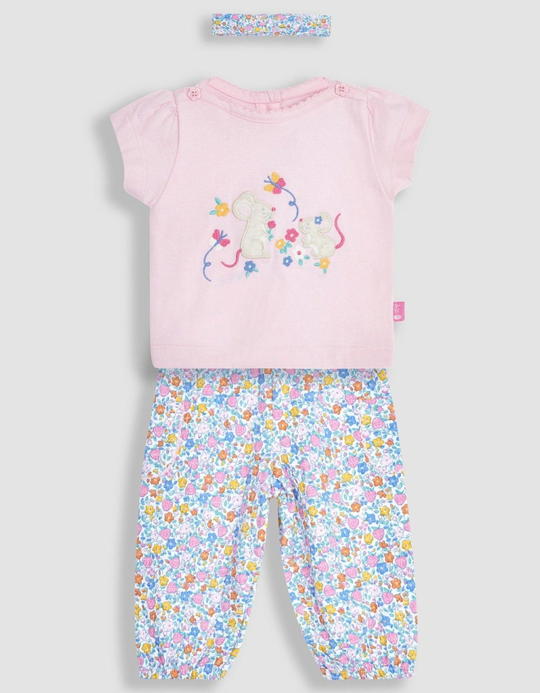 Girls 3-Piece Mouse Crinkle Cotton Top & Trousers Set - Pink