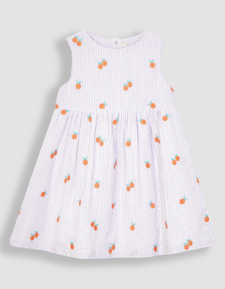 Girls Orange Embroidered Seersucker Stripe Summer Dress - Purple