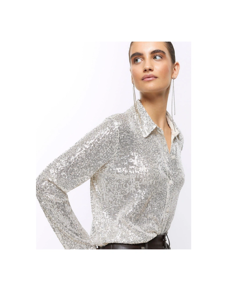 Sequin Corsage Shirt - Silver