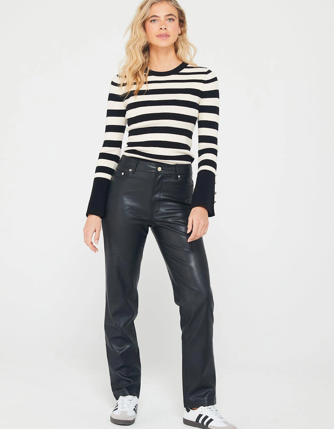 Crew Neck Stripe Knitted Top - Black and Ivory