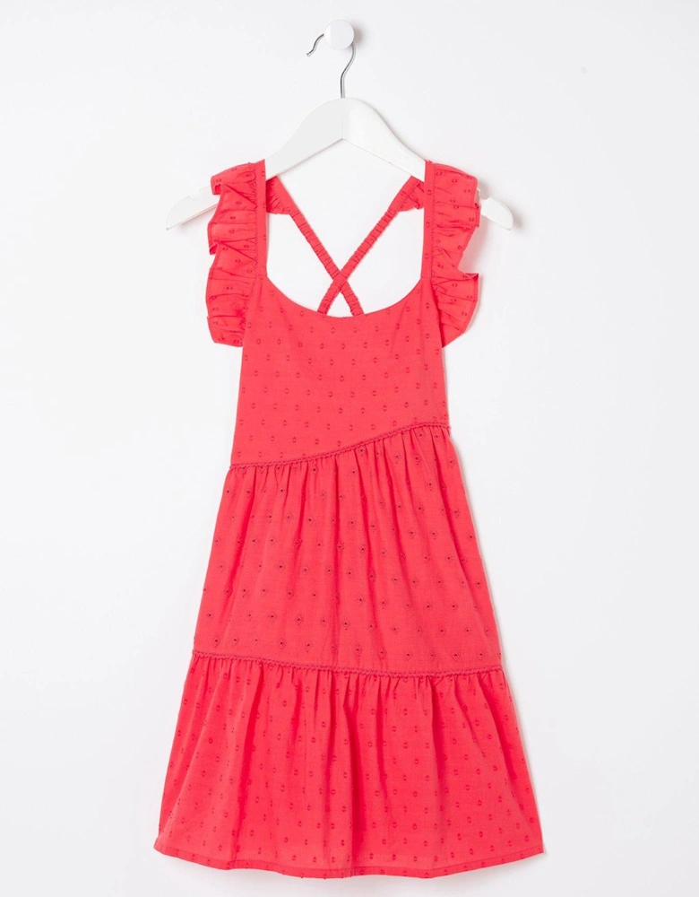 Girls Broderie Frill Tiered Dress - Bright Red