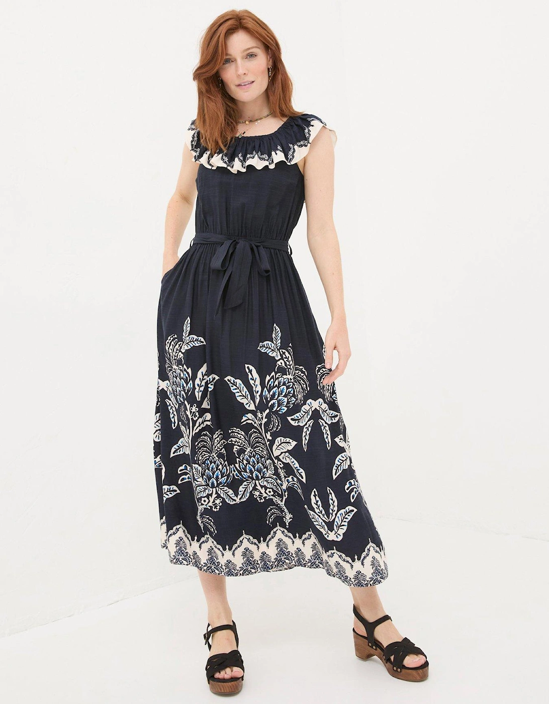 Sleeveless Fit and Flare Bardot Midi Dress with Large Floral Print - Navy, 2 of 1