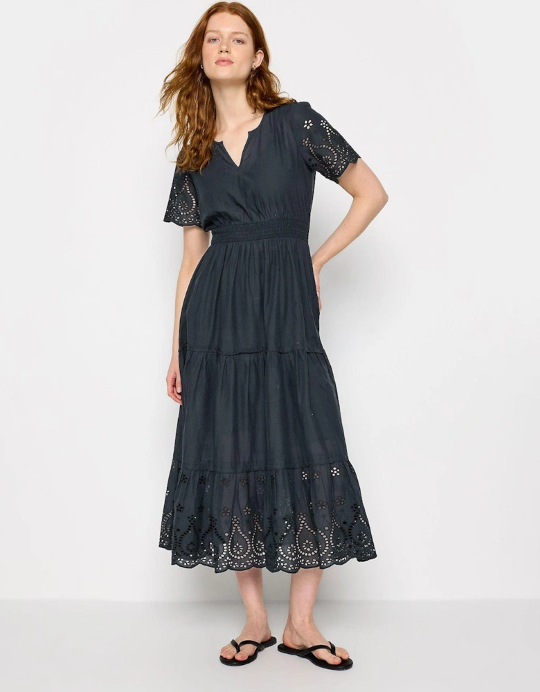 Tall Cotton Tiered Maxi Dress with Broderie Anglaise Detail - Navy Blue