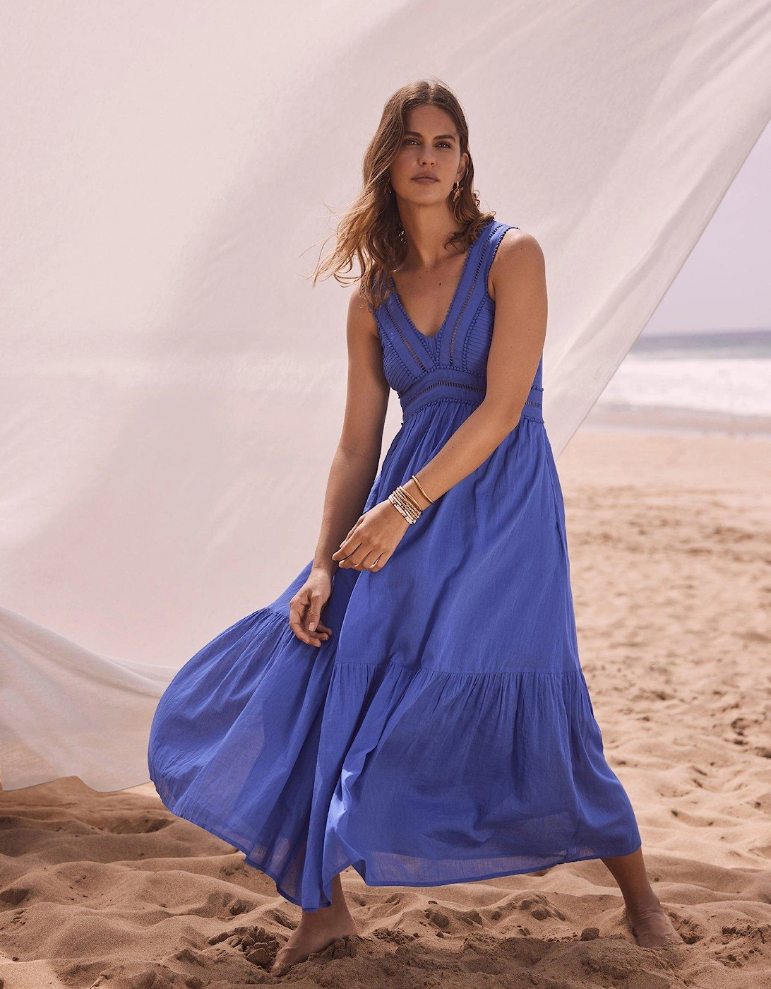 Pleated V-Neck Maxi Dress - Blue, 2 of 1