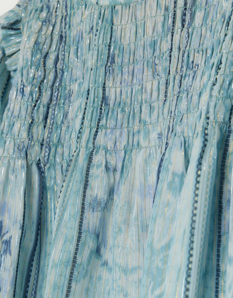 Shirred Metallic Thread Blouse - Blue