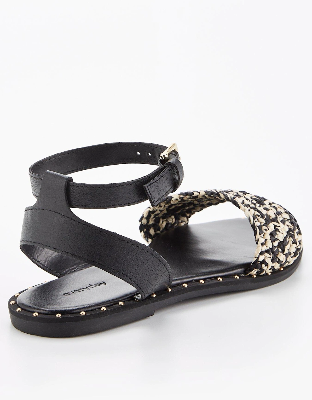 Wide Fit Leather Weave Strap Sandal with Studs - Back/White