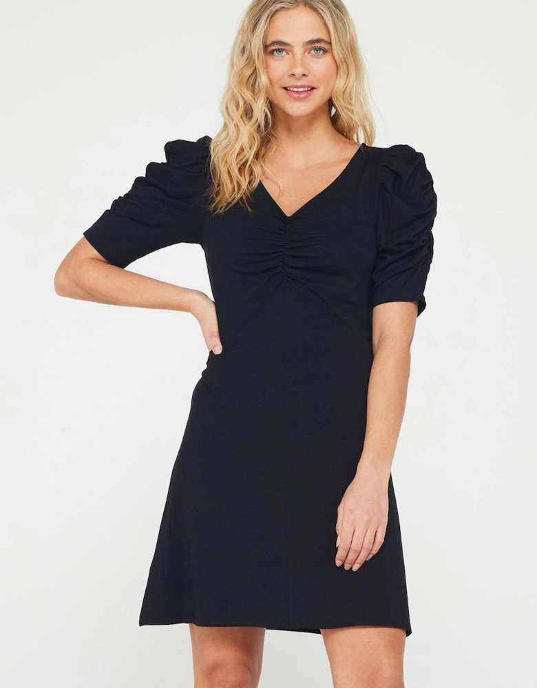 Ruched Sleeve Jersey Mini Dress - Black