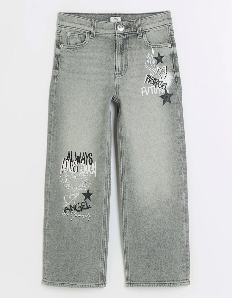 Girls Straight Graffiti Jeans - Grey