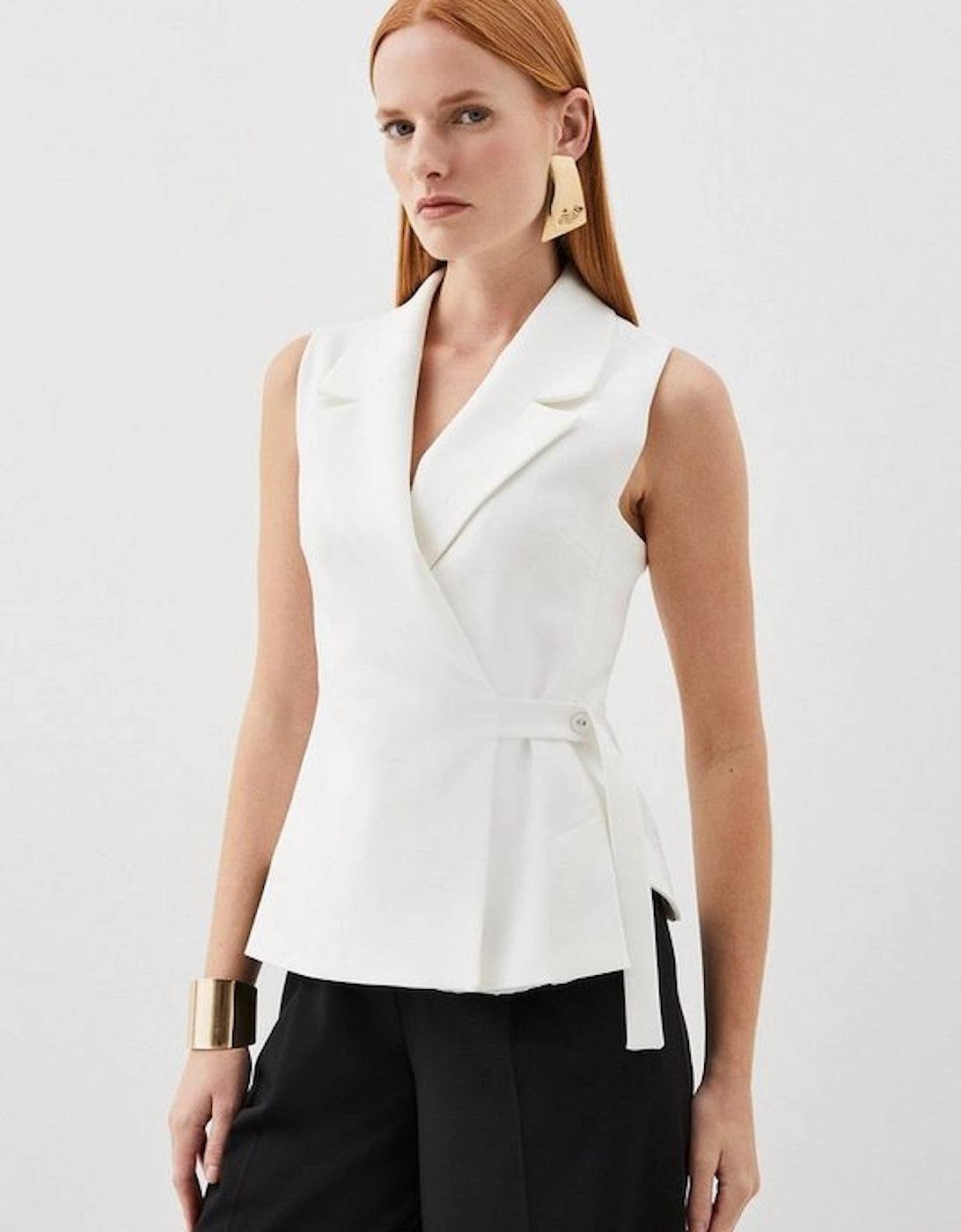 Tailored Compact Stretch Tie Tab Detail Sleeveless Blazer, 5 of 4