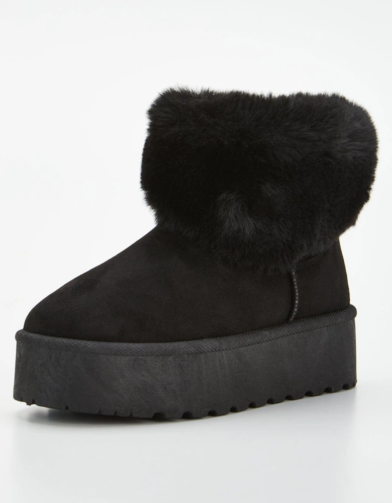 Flatform Faux Suede Ankle Boot With Faux Fur Collar - Black