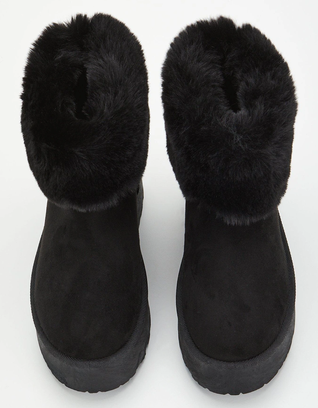 Flatform Faux Suede Ankle Boot With Faux Fur Collar - Black