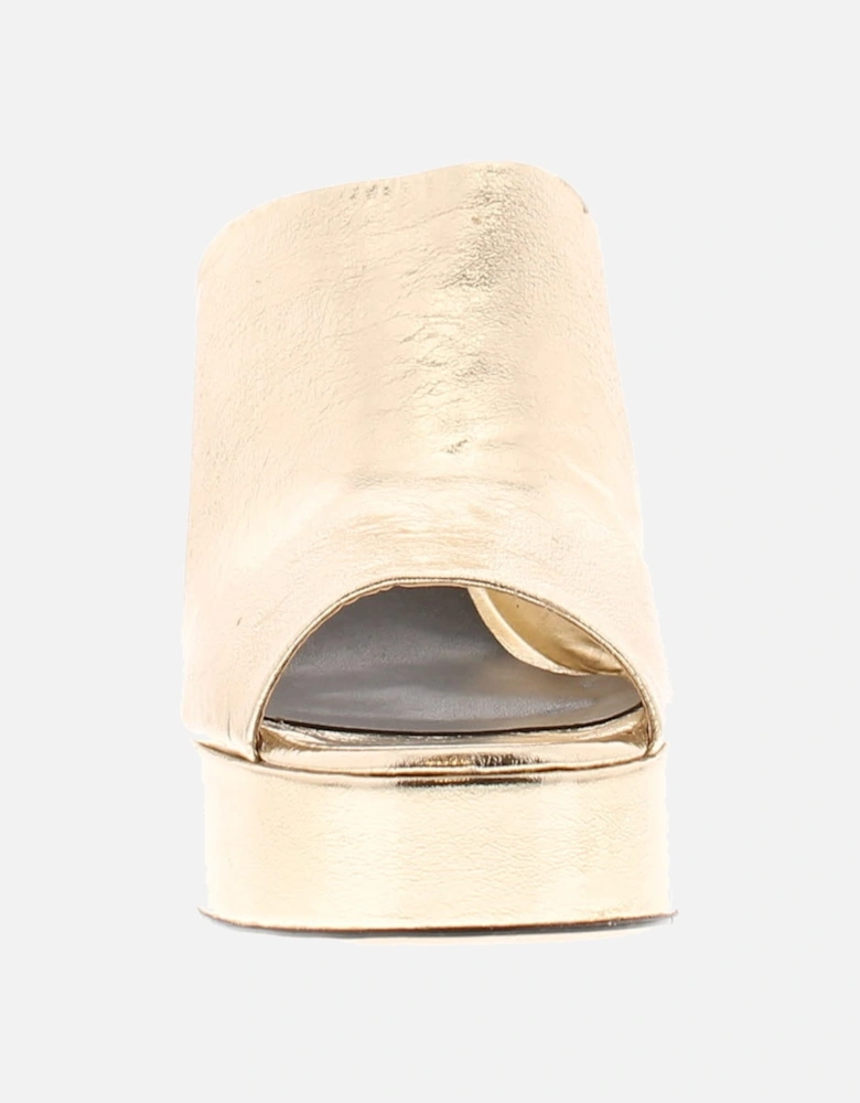 Womens Heels Deltino Leather Mules Peep Toe Block Heel Gold UK Size
