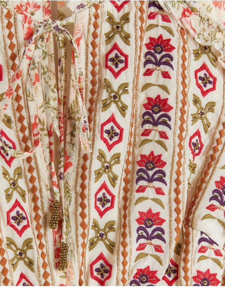 Floral Embroidered Smock Midi Dress - Cream