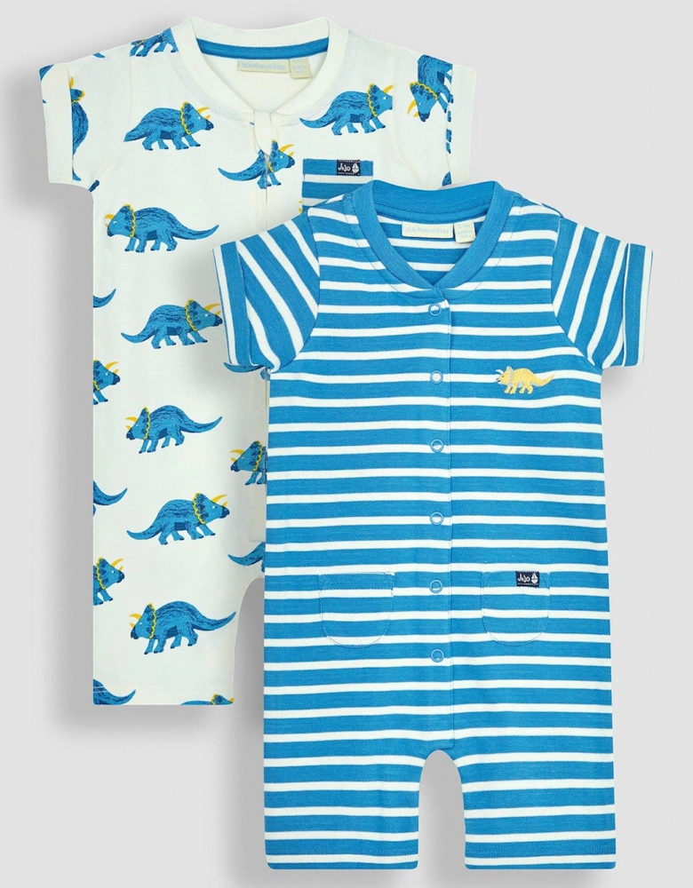 Boys 2-Pack Triceratops & Stripe Rompers - Blue