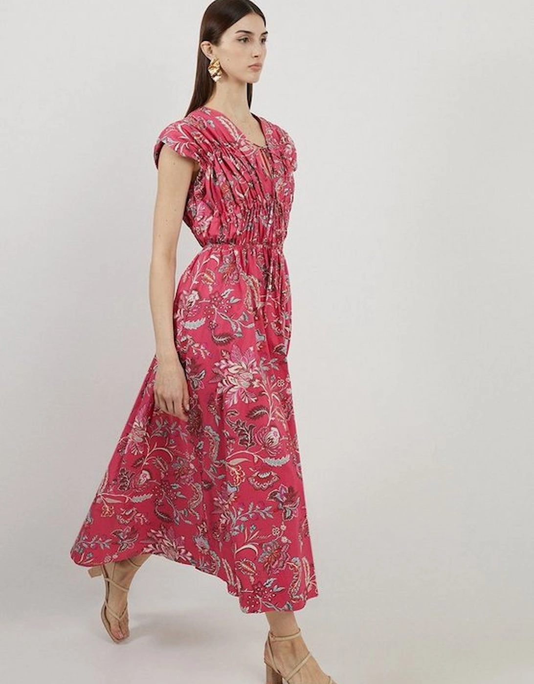 Batik Floral Printed Cotton Woven Midi Dress, 5 of 4