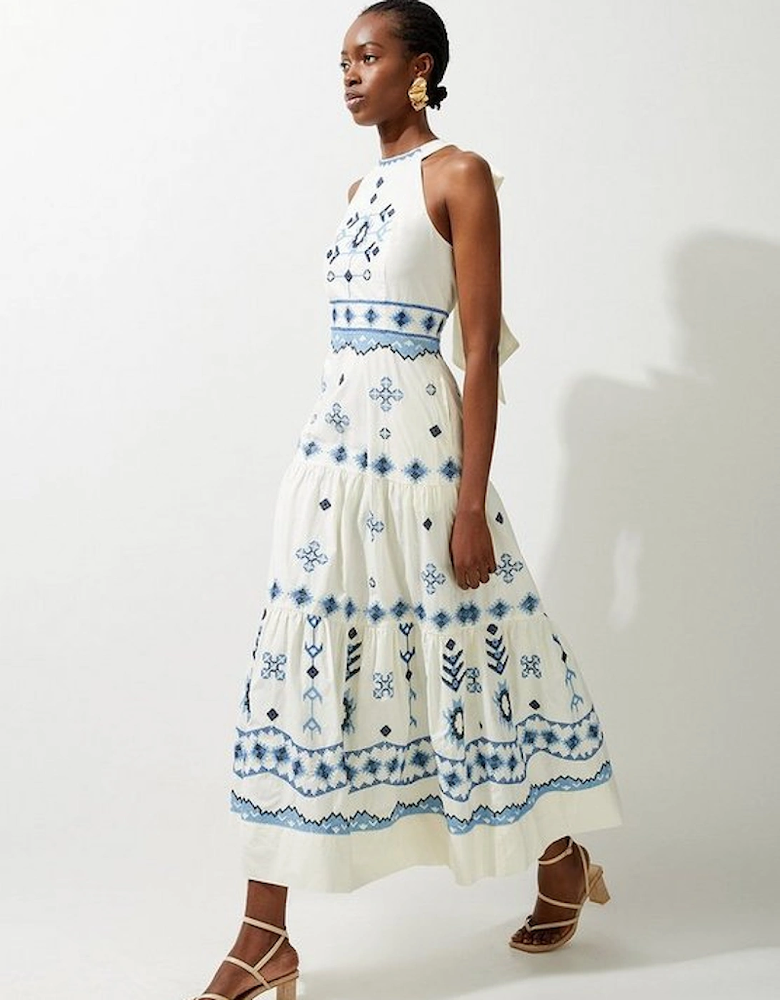 Petite Cotton Embroidered Woven Halter Maxi Dress