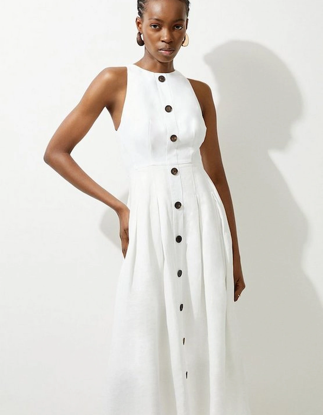 Premium Linen Tailored Button Through Full Skirted Midi Dress, 4 of 3