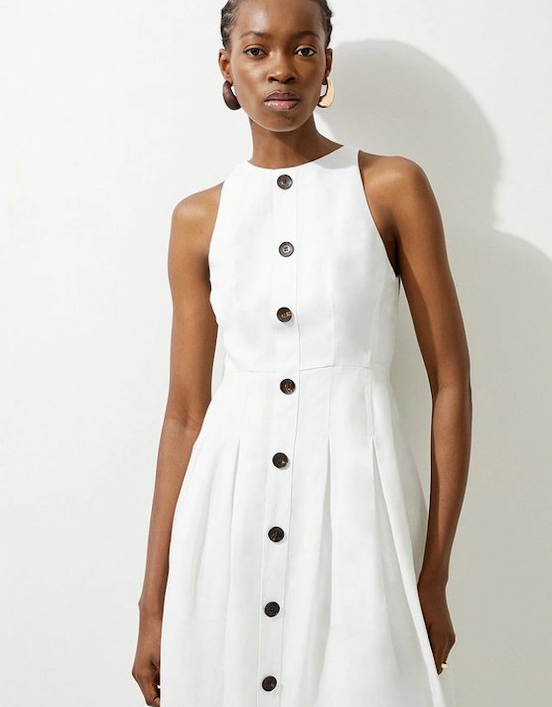 Premium Linen Tailored Button Through Full Skirted Maxi Dress
