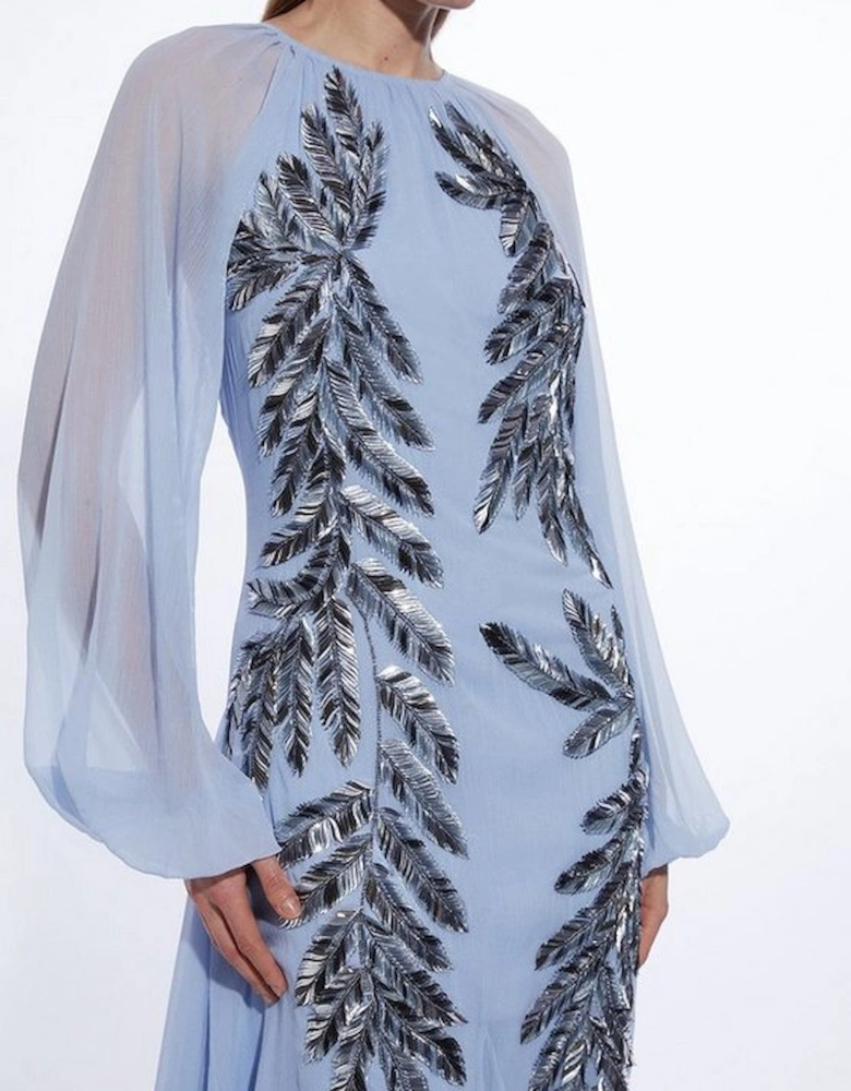 Feather Embellished Woven Long Sleeve Maxi Dress