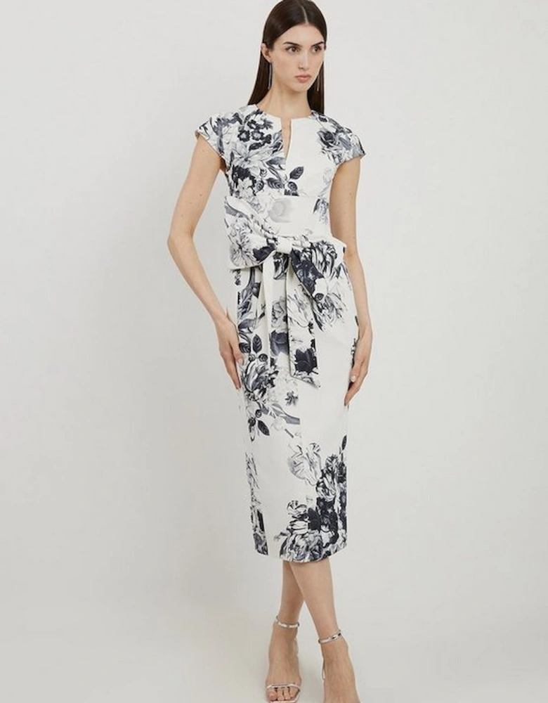 Tailored Crepe Mono Floral Bow Detail Midi Dress