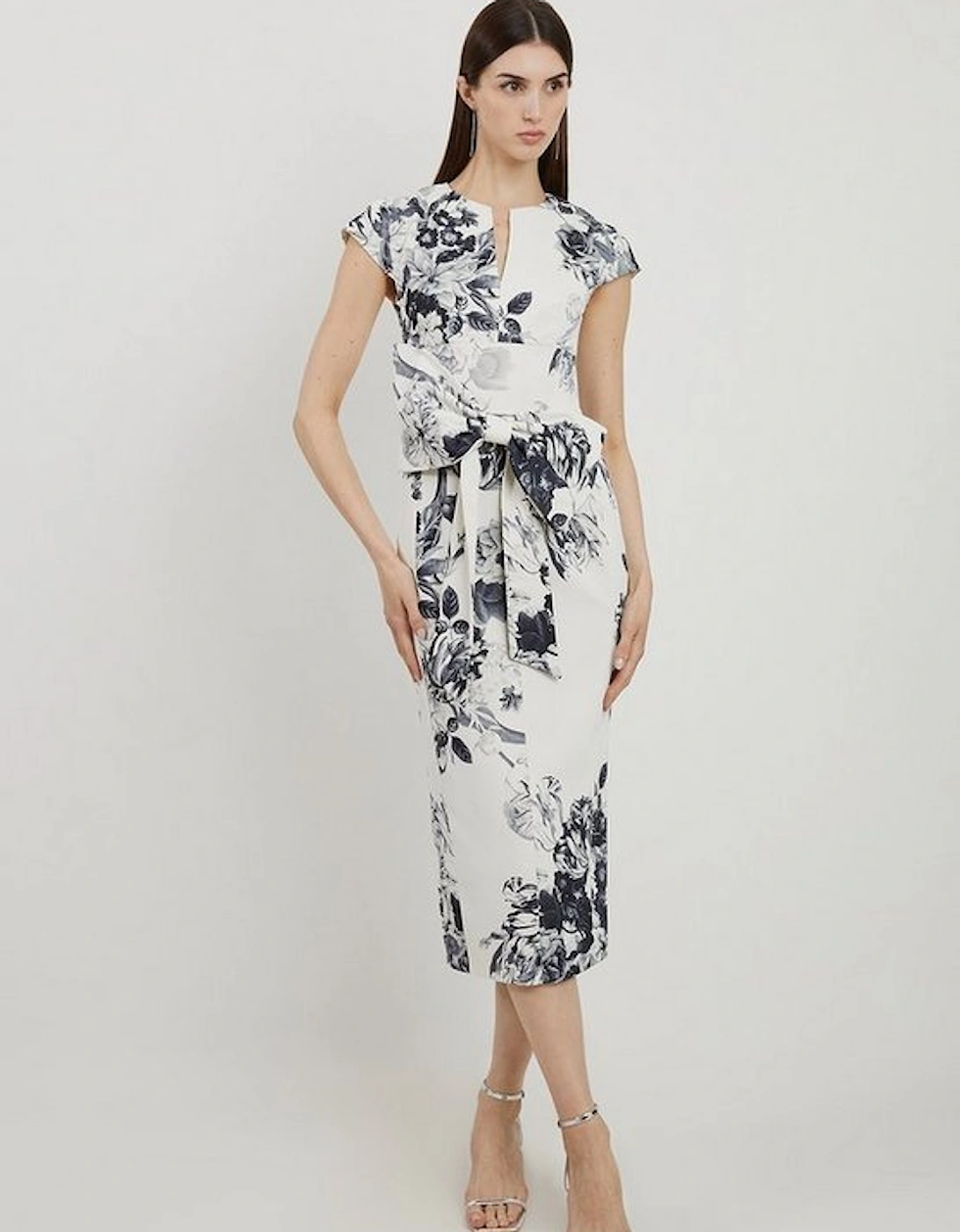 Tailored Crepe Mono Floral Bow Detail Midi Dress, 4 of 3
