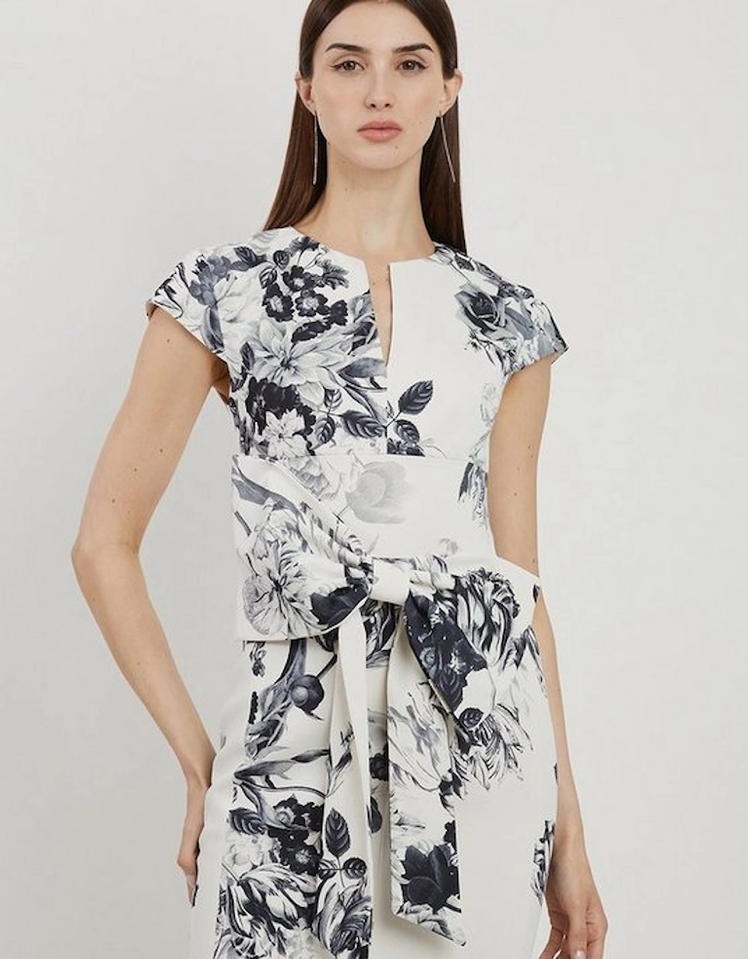 Tailored Crepe Mono Floral Bow Detail Midi Dress