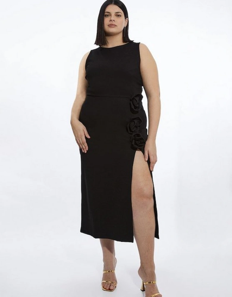 Plus Size Rosette Ponte Jersey Slit Midi Dress
