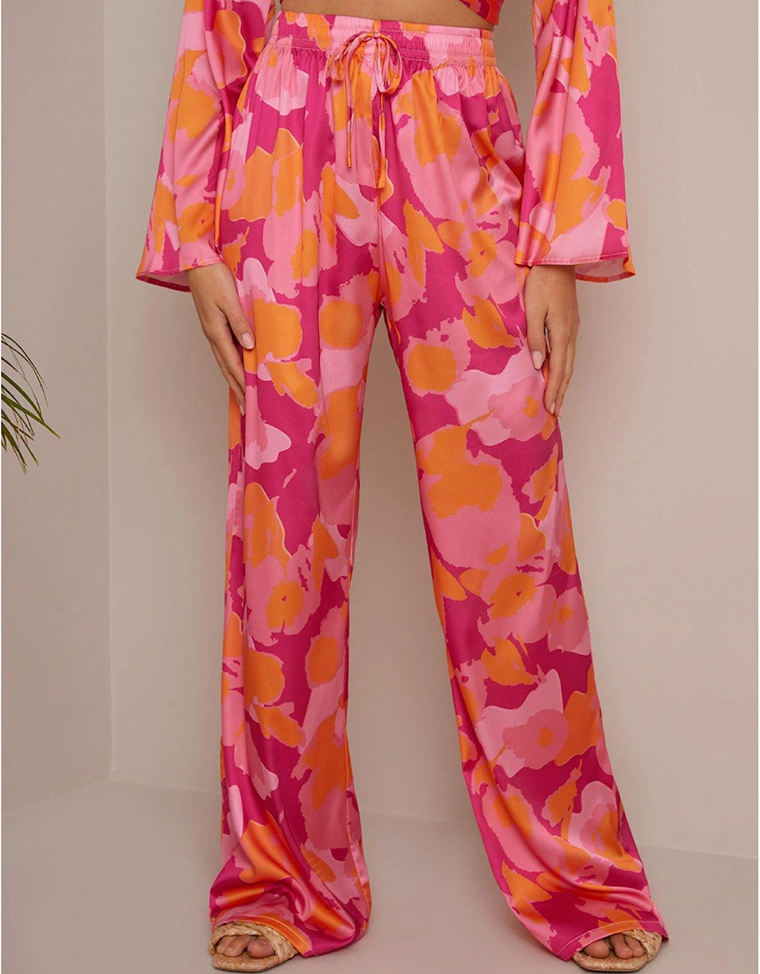 Abstract Print Tie Waist Trousers In Pink