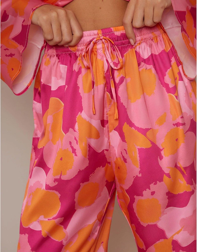 Abstract Print Tie Waist Trousers In Pink