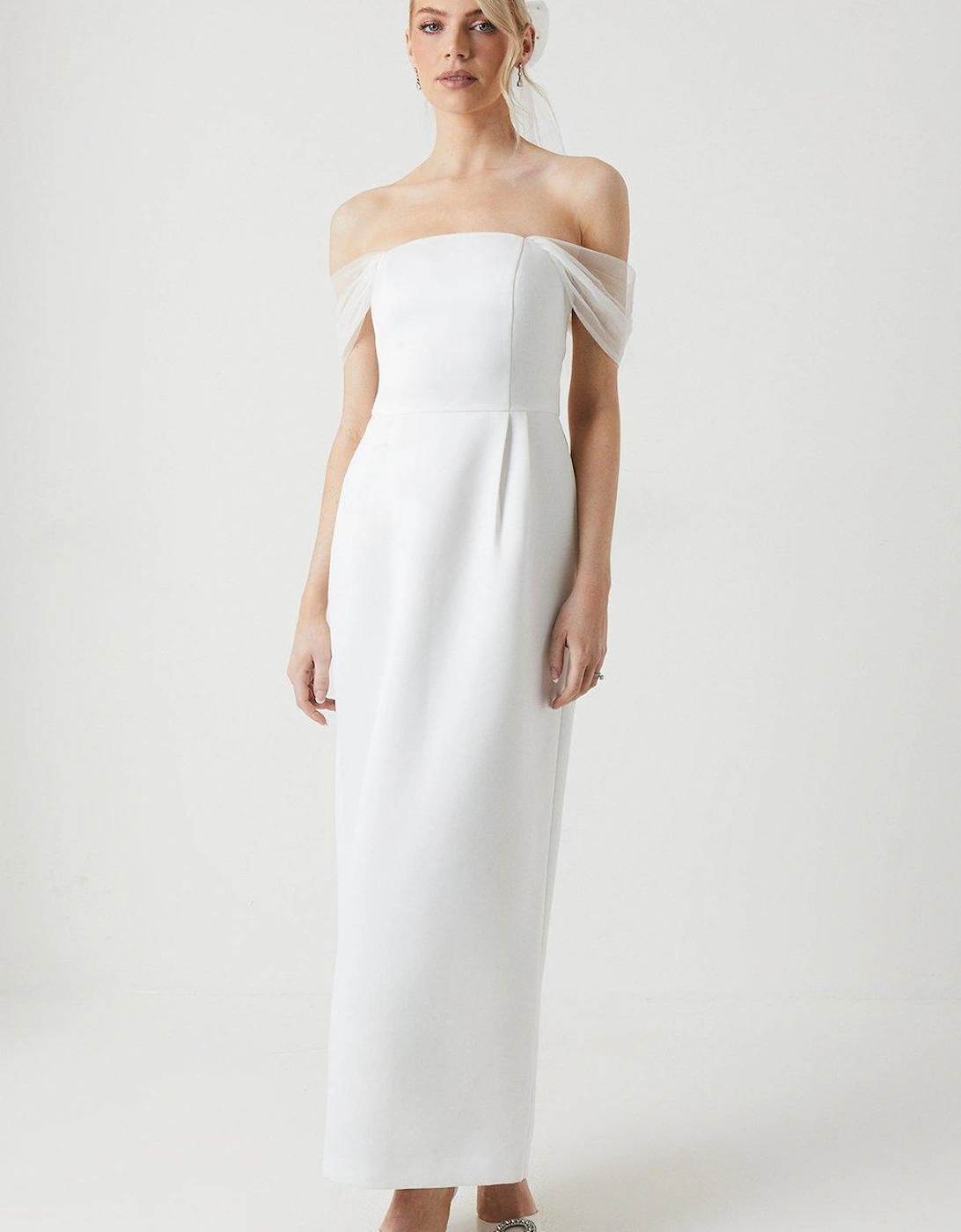 Bardot Tulle Sleeve Column Maxi Wedding Dress, 6 of 5