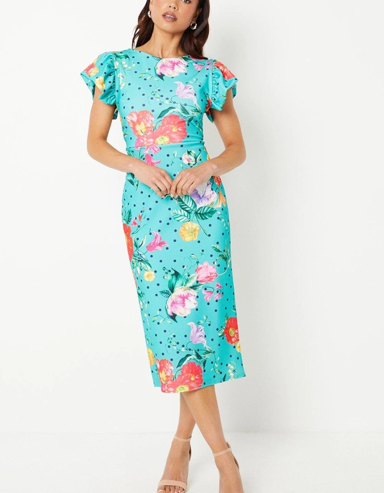 Petite Floral Printed Volume Sleeve Midi Dress
