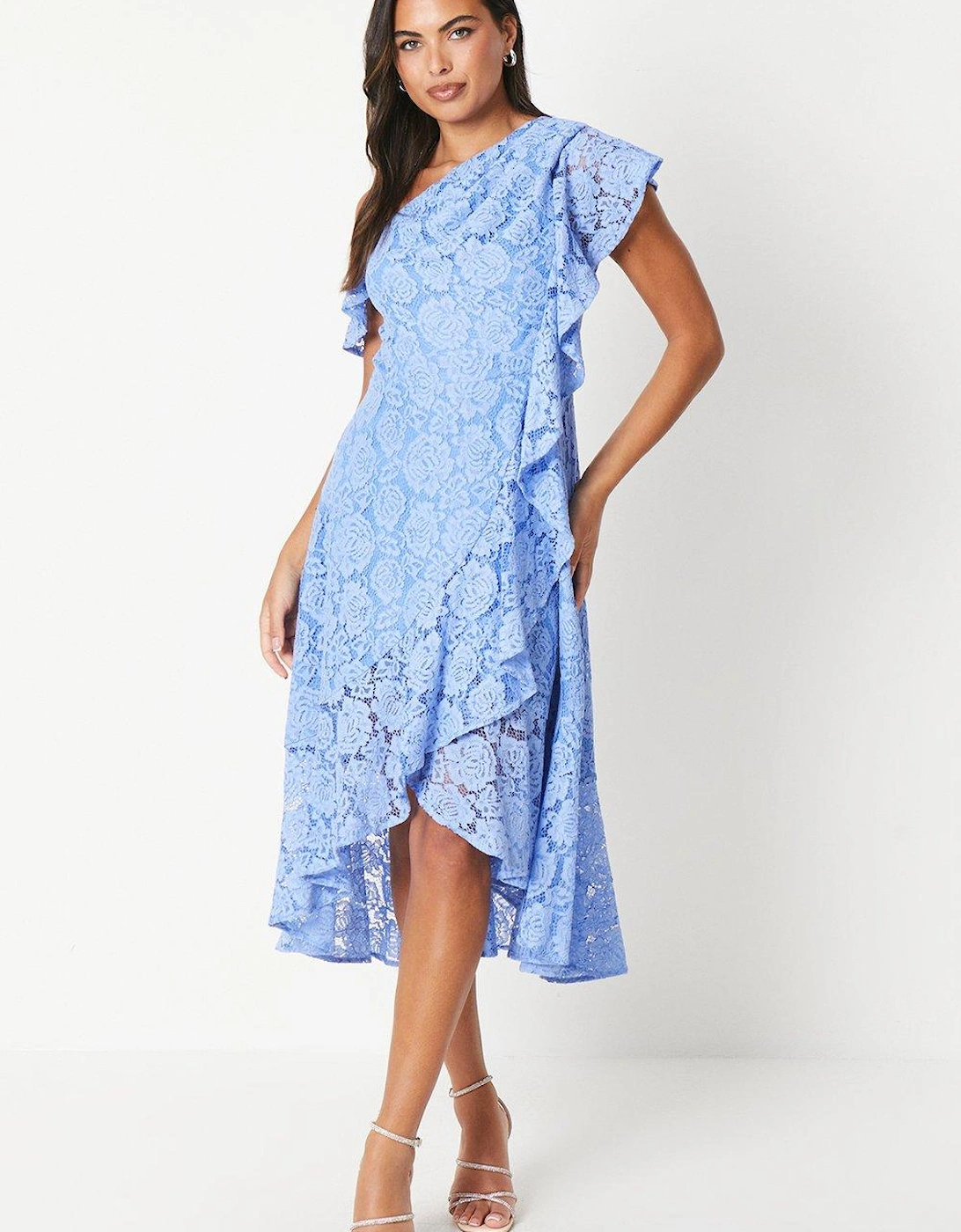 Ruffle Detail Frill Shoulder Lace Midi Dress, 6 of 5