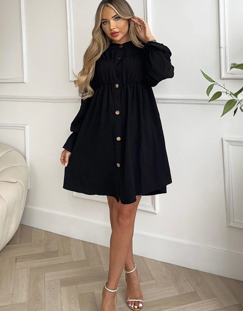 Black Long Sleeve Gathered Detail Button Front Dress