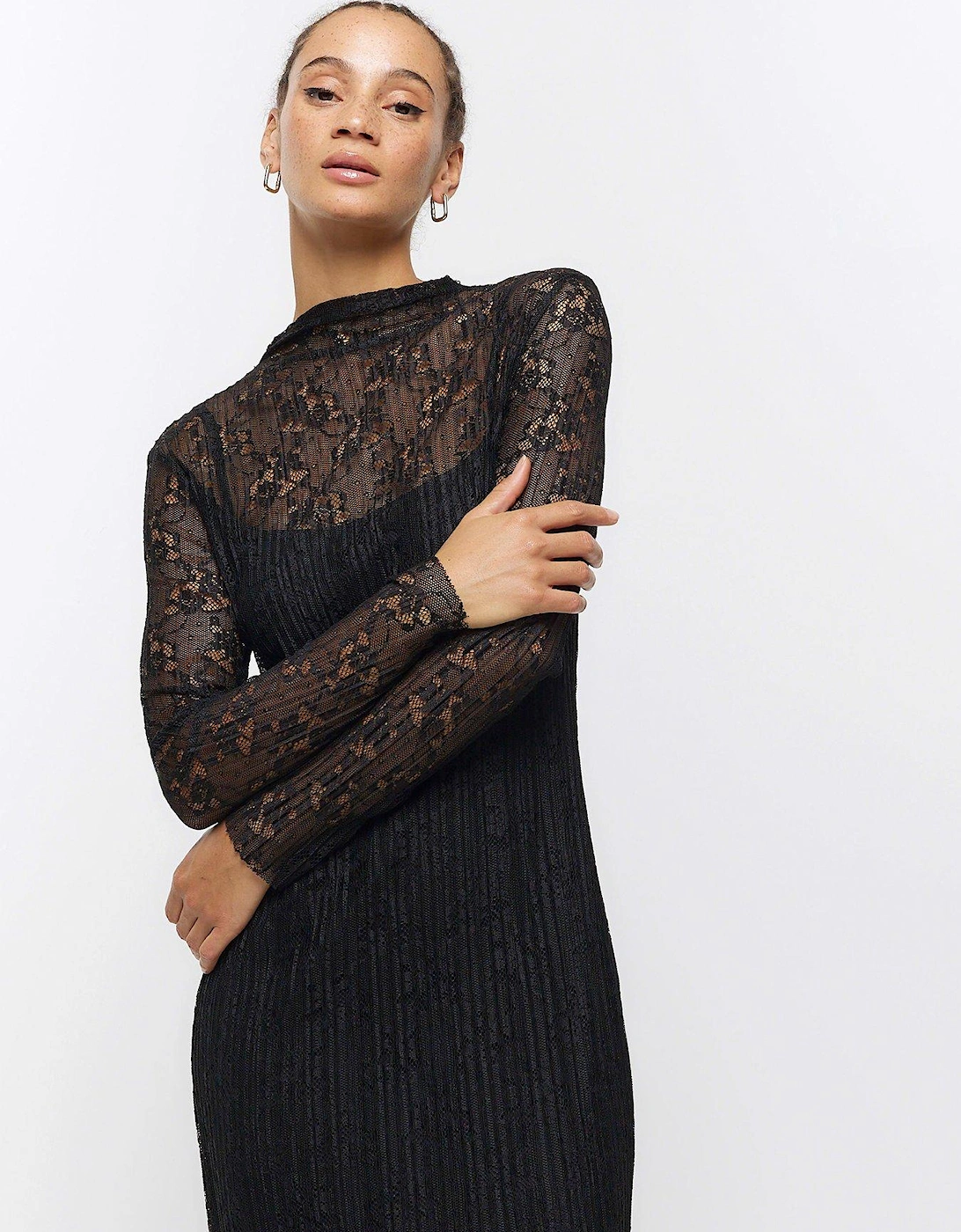 Pleated Lace Midi Dress - Black