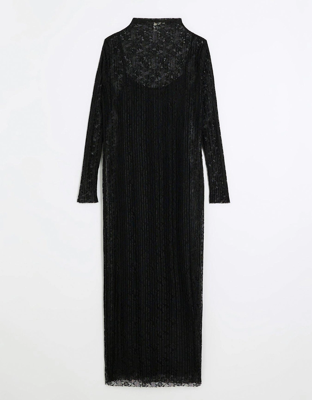 Pleated Lace Midi Dress - Black