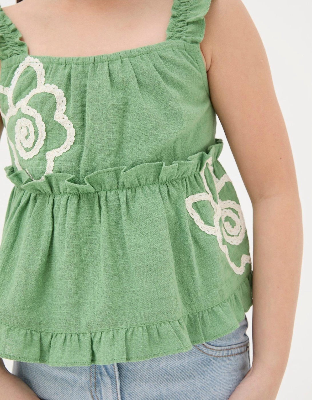 Girls Flower Embroidered Cami Top - Green