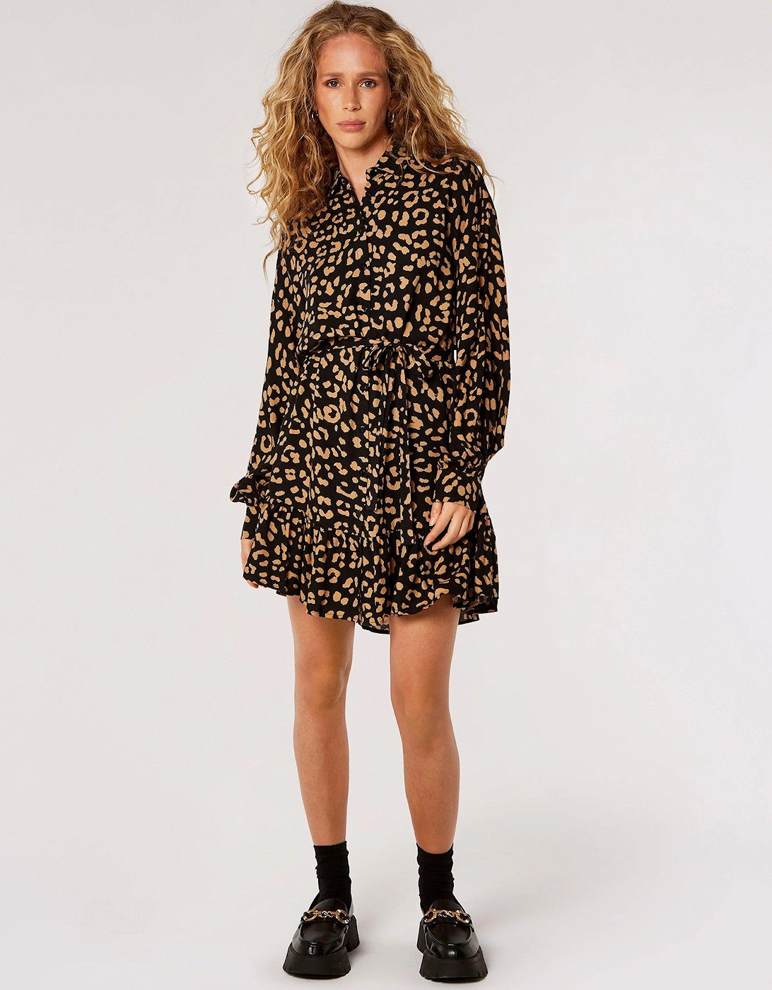 Leopard Ruffle Hem Shirt Dress