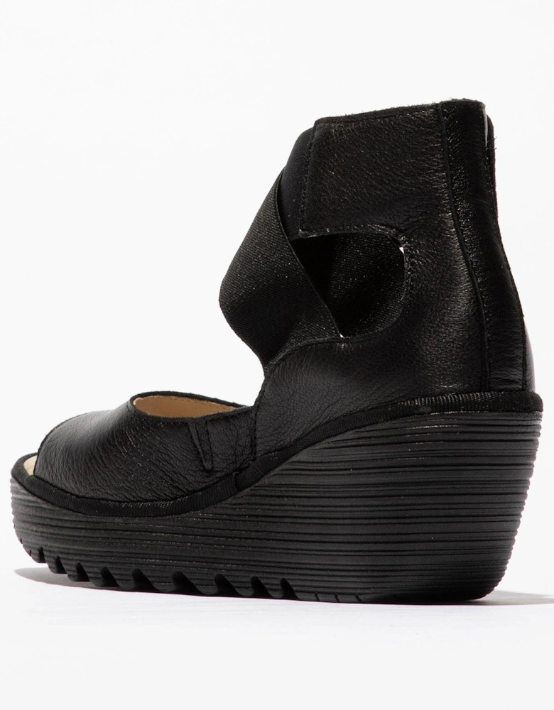 Yefi Peep Toe Wedged Ankle Strap Shoes - Black