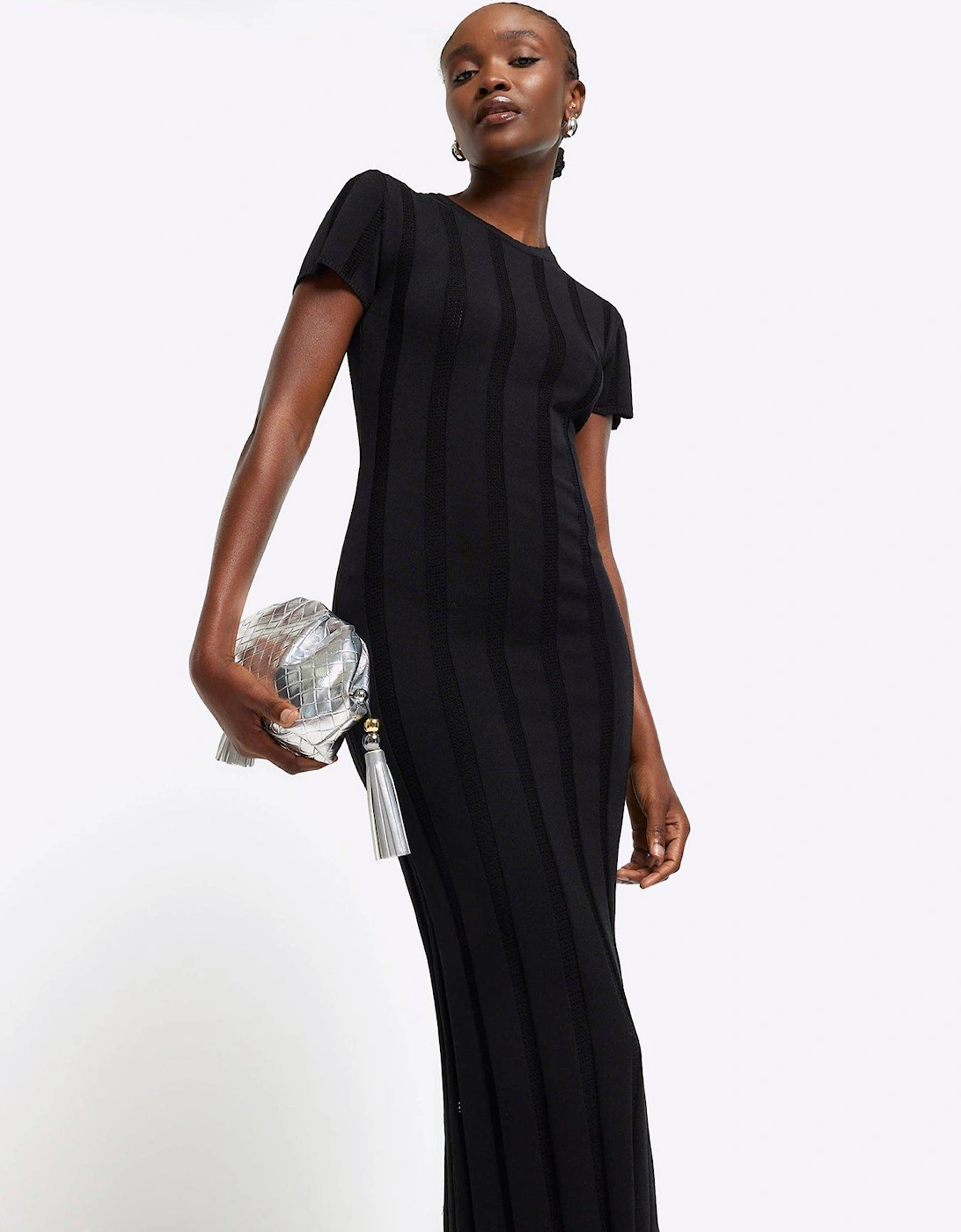 Knitted Bodycon Midi Dress - Black