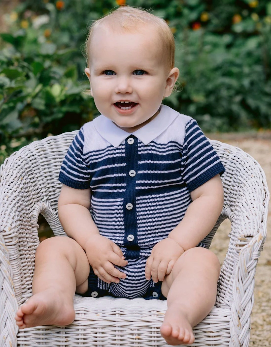 Boys Navy  Striped Knitted Romper, 4 of 3
