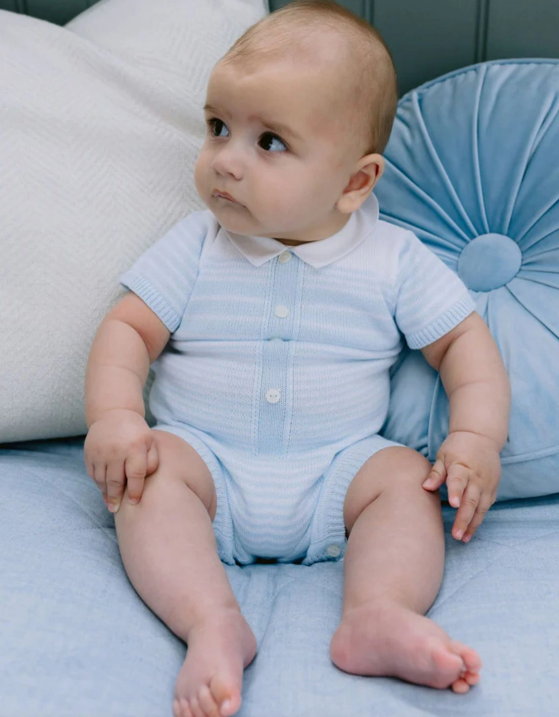 Boys Pale Blue Striped Knitted Romper, 4 of 3