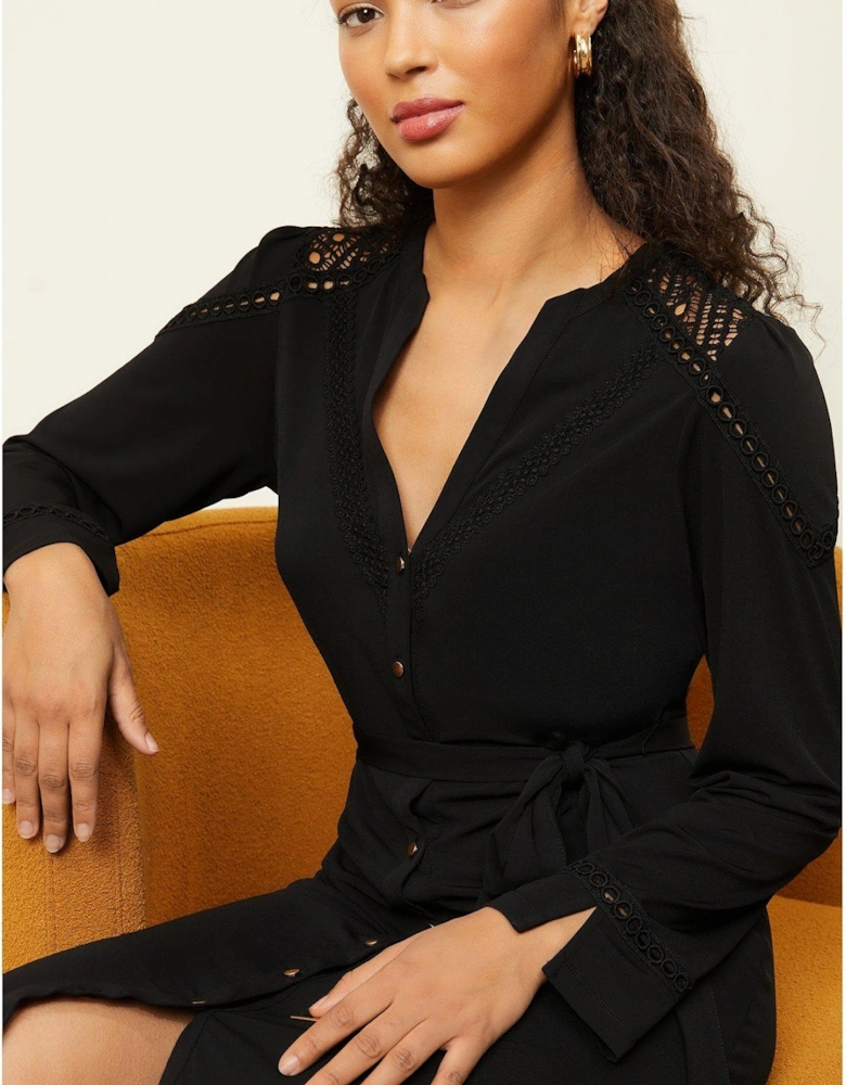 Lace Yoke Jersey Shirt Dress - Black