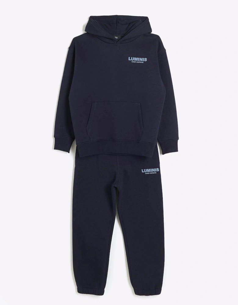 Boys Back Print Hoodie And Joggers Set - Navy