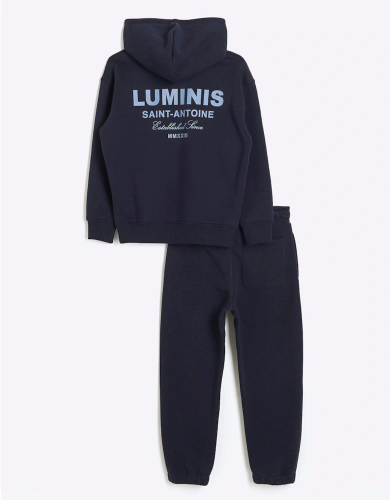 Boys Back Print Hoodie And Joggers Set - Navy