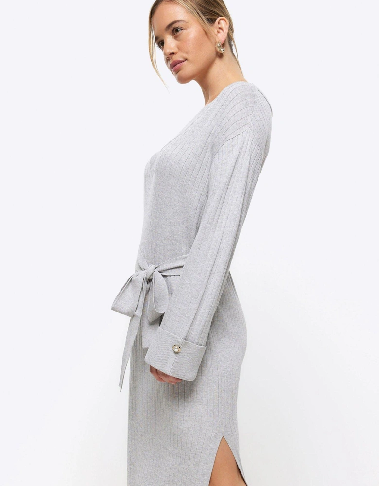 V Neck Bow Mini Dress - Grey