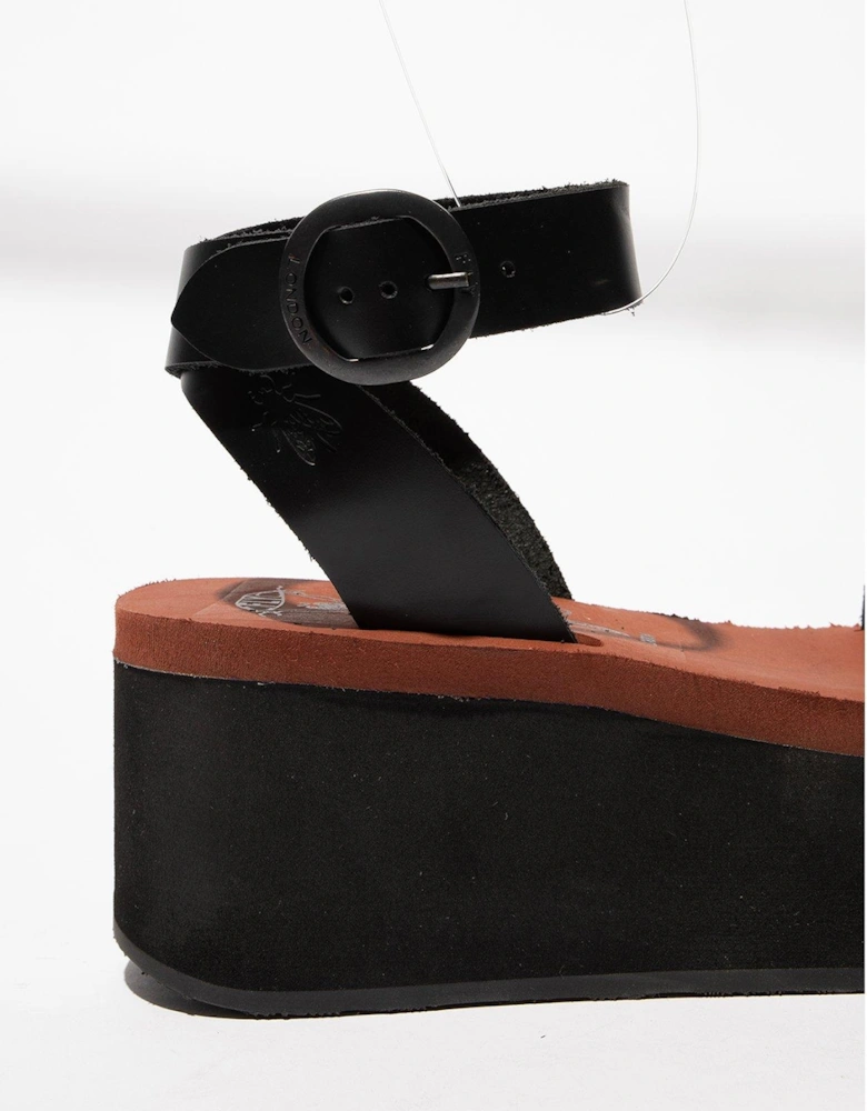 Camu Leather Flatform Anle Strap Shoes - Black