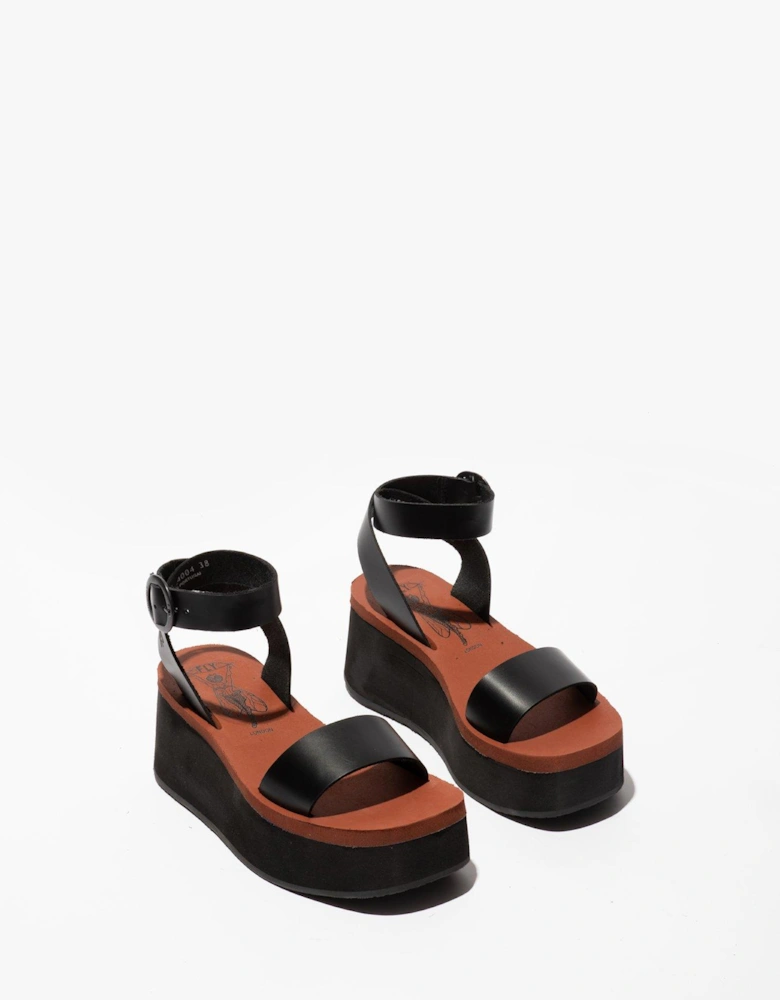 Camu Leather Flatform Anle Strap Shoes - Black