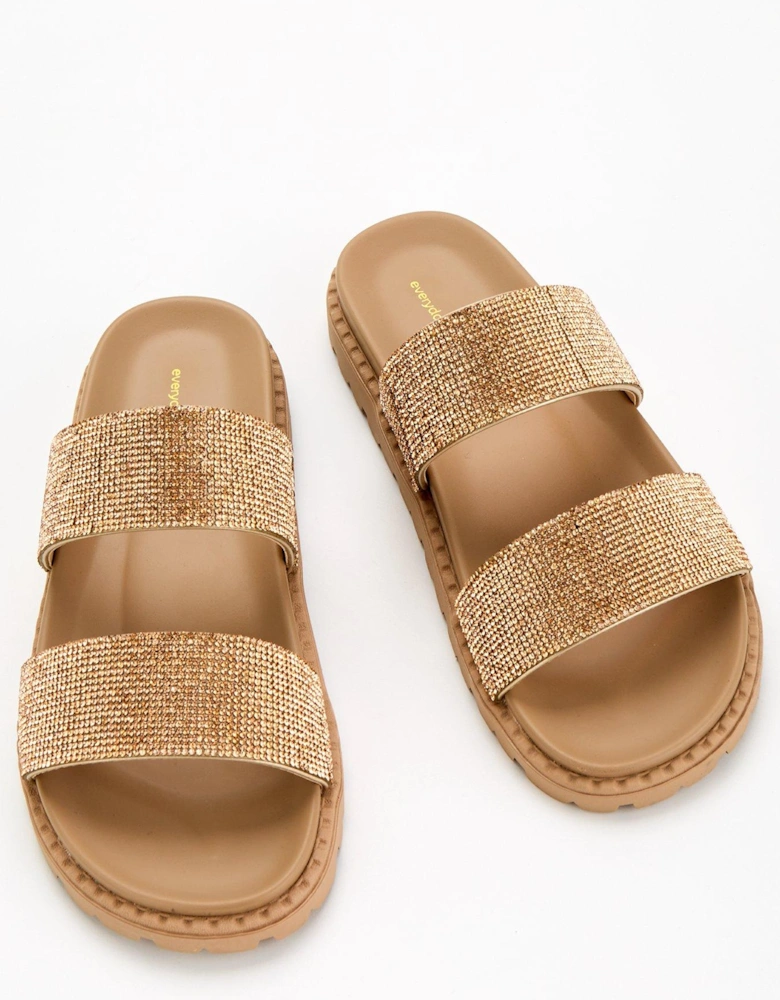 Wide Fit Diamante Twin Strap Slider Sandal - Gold