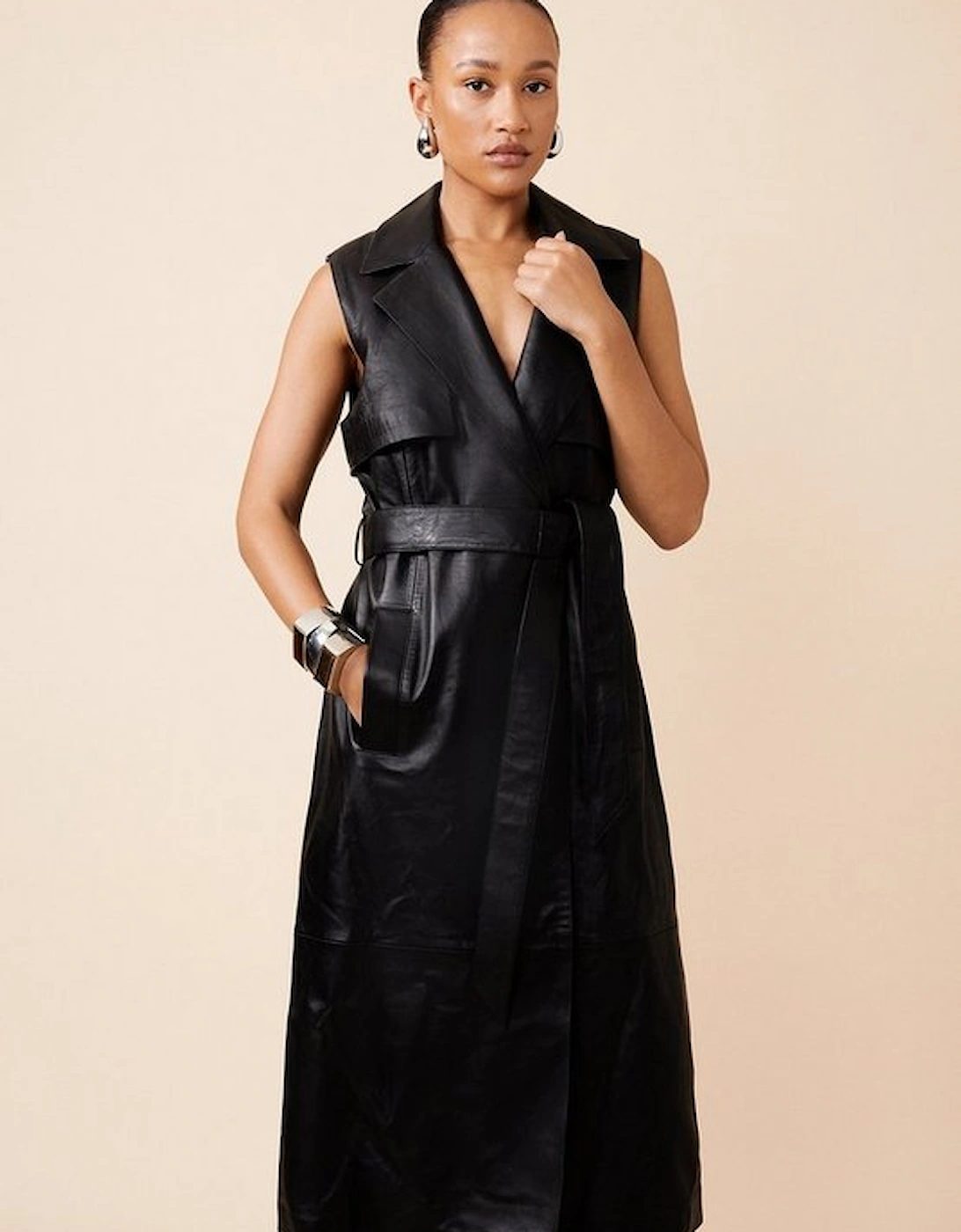 Leather Sleeveless Belted Storm Flap Detail Trench Coat